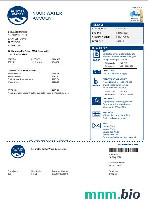 Australia Hunter Water rachunek za usługi komunalne szablon w formacie Word i PDF